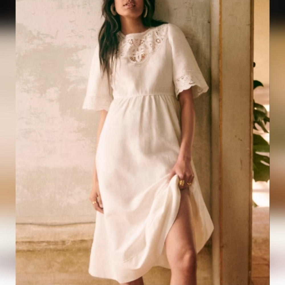 Sezane Ursula Cream Midi Dress with Lace Detail